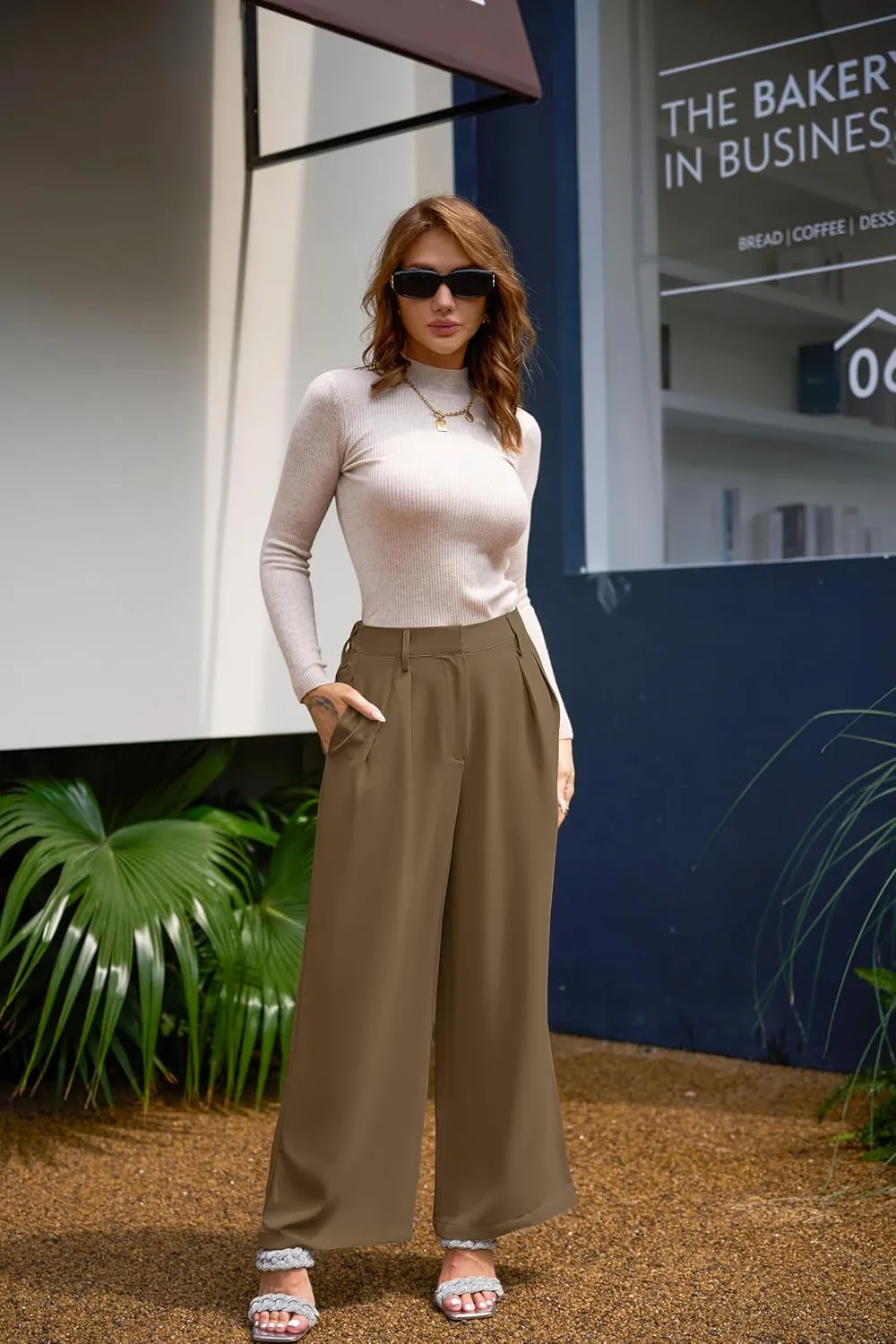GOKATOSAU Women's Loose Fit High Elastic Waisted Wide Leg Straight Long Trousers Suit Pants