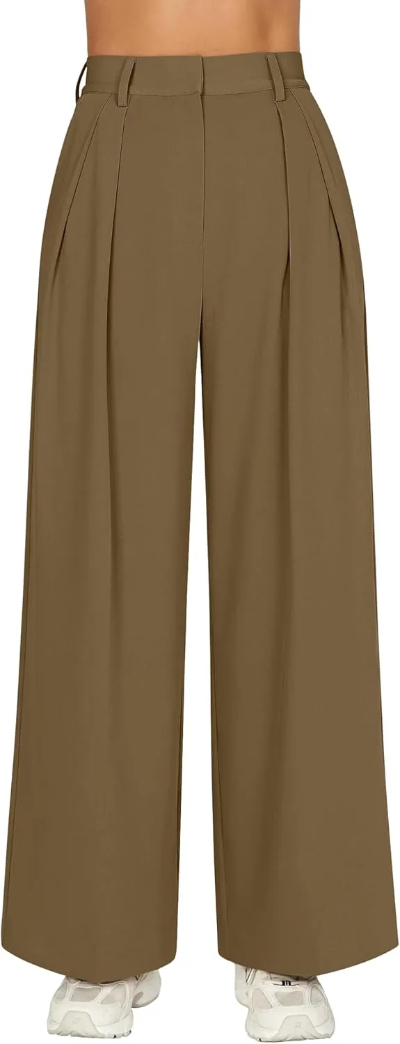 GOKATOSAU Women's Loose Fit High Elastic Waisted Wide Leg Straight Long Trousers Suit Pants