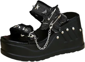 Goth Chunky Wedge Summer Sandals Y2K Gothic Platform Sandals for Women Denim Slides, Women Black Platform Sandals