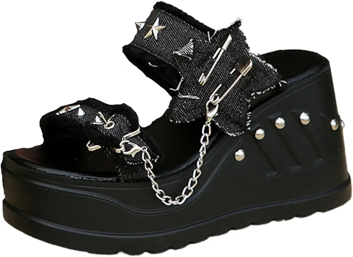Goth Chunky Wedge Summer Sandals Y2K Gothic Platform Sandals for Women Denim Slides, Women Black Platform Sandals