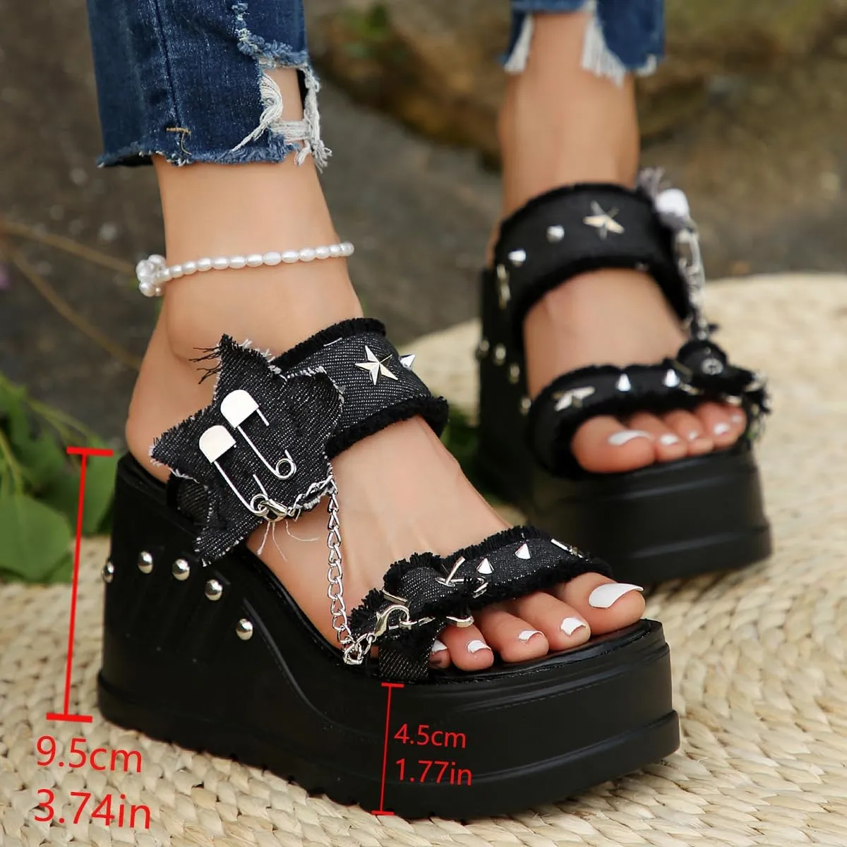 Goth Chunky Wedge Summer Sandals Y2K Gothic Platform Sandals for Women Denim Slides, Women Black Platform Sandals
