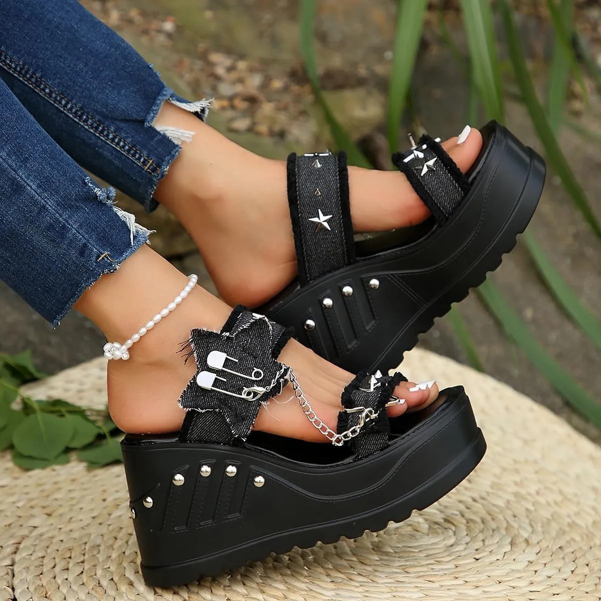 Goth Chunky Wedge Summer Sandals Y2K Gothic Platform Sandals for Women Denim Slides, Women Black Platform Sandals