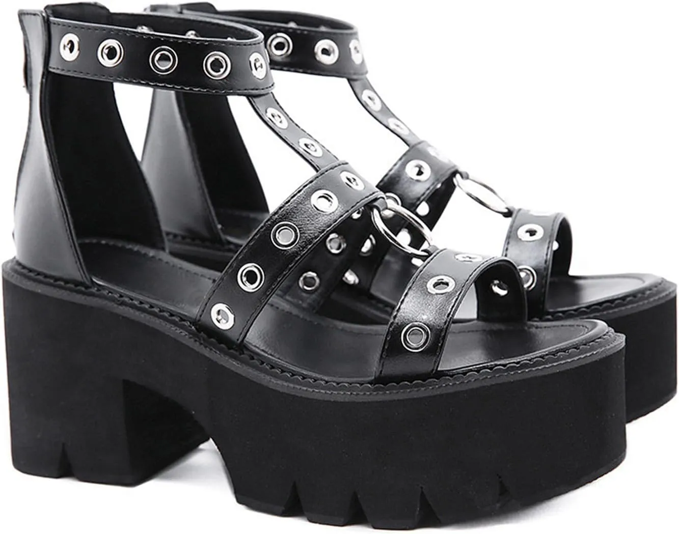 Gothniero women black platform sandals goth chunky wedge heel summer sandals girls gothic punk platform sandals for women metallic spider buckles slides size 5.5-11