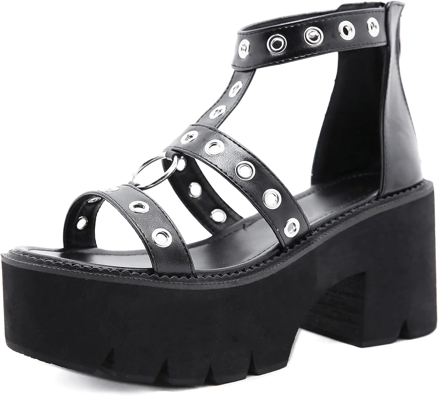 Gothniero women black platform sandals goth chunky wedge heel summer sandals girls gothic punk platform sandals for women metallic spider buckles slides size 5.5-11