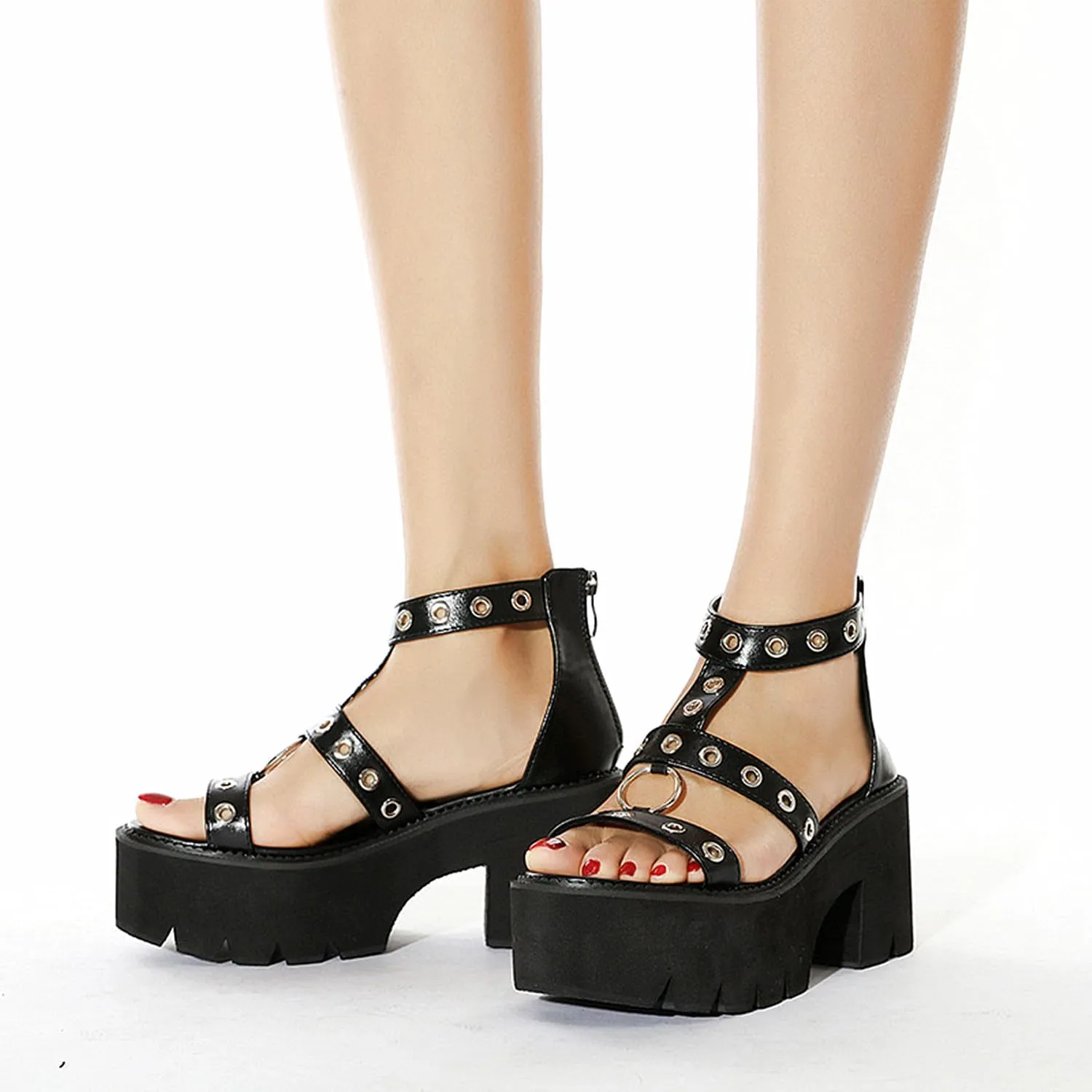 Gothniero women black platform sandals goth chunky wedge heel summer sandals girls gothic punk platform sandals for women metallic spider buckles slides size 5.5-11