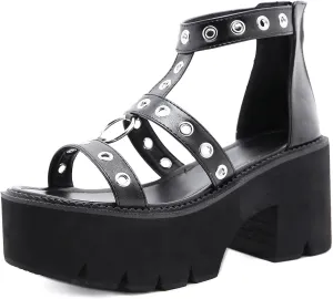 Gothniero women black platform sandals goth chunky wedge heel summer sandals girls gothic punk platform sandals for women metallic spider buckles slides size 5.5-11