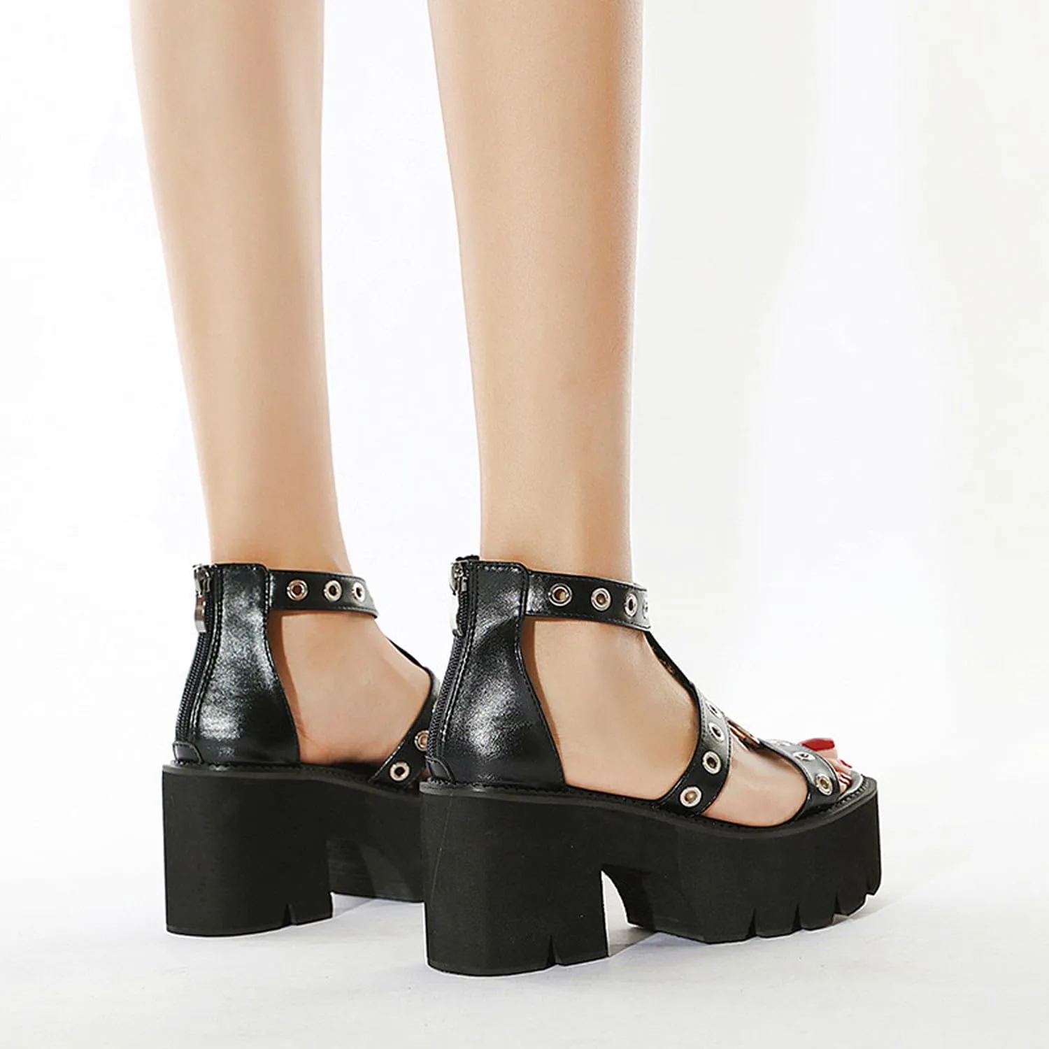 Gothniero women black platform sandals goth chunky wedge heel summer sandals girls gothic punk platform sandals for women metallic spider buckles slides size 5.5-11