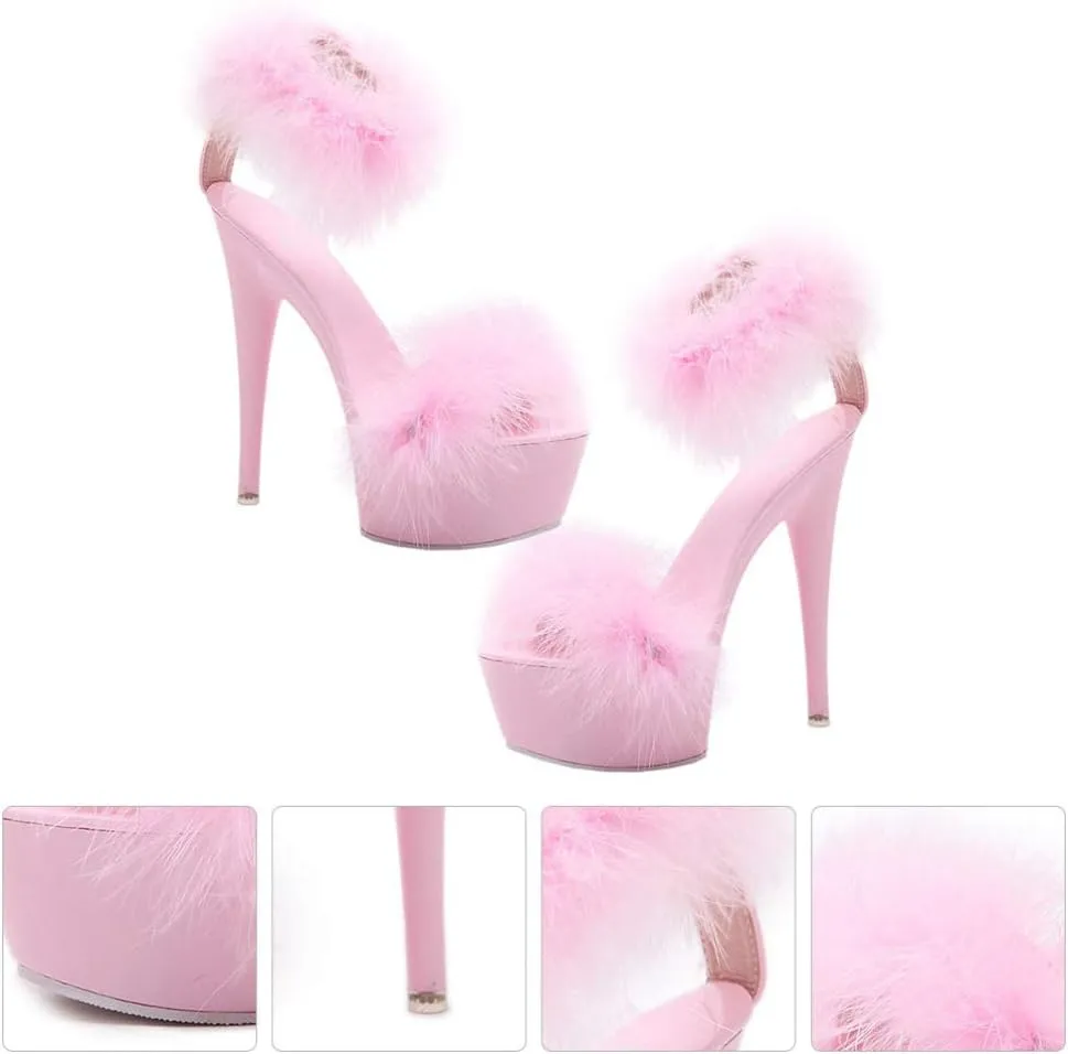 Happyyami 1Pair WomenS Fluffy Feather Clear High Heels Faux Fur Heels Sandals Pointed Toe Fuzzy Slippers High Heels Sandals
