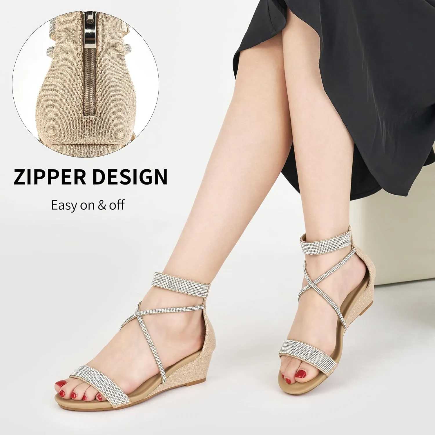 HARENCE Wedge Sandals for Women Dressy: Comfortble Ankle Strap Zipper Low Heels Shoes Fashion Sparkly Summer Sandals