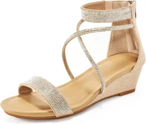 HARENCE Wedge Sandals for Women Dressy: Comfortble Ankle Strap Zipper Low Heels Shoes Fashion Sparkly Summer Sandals