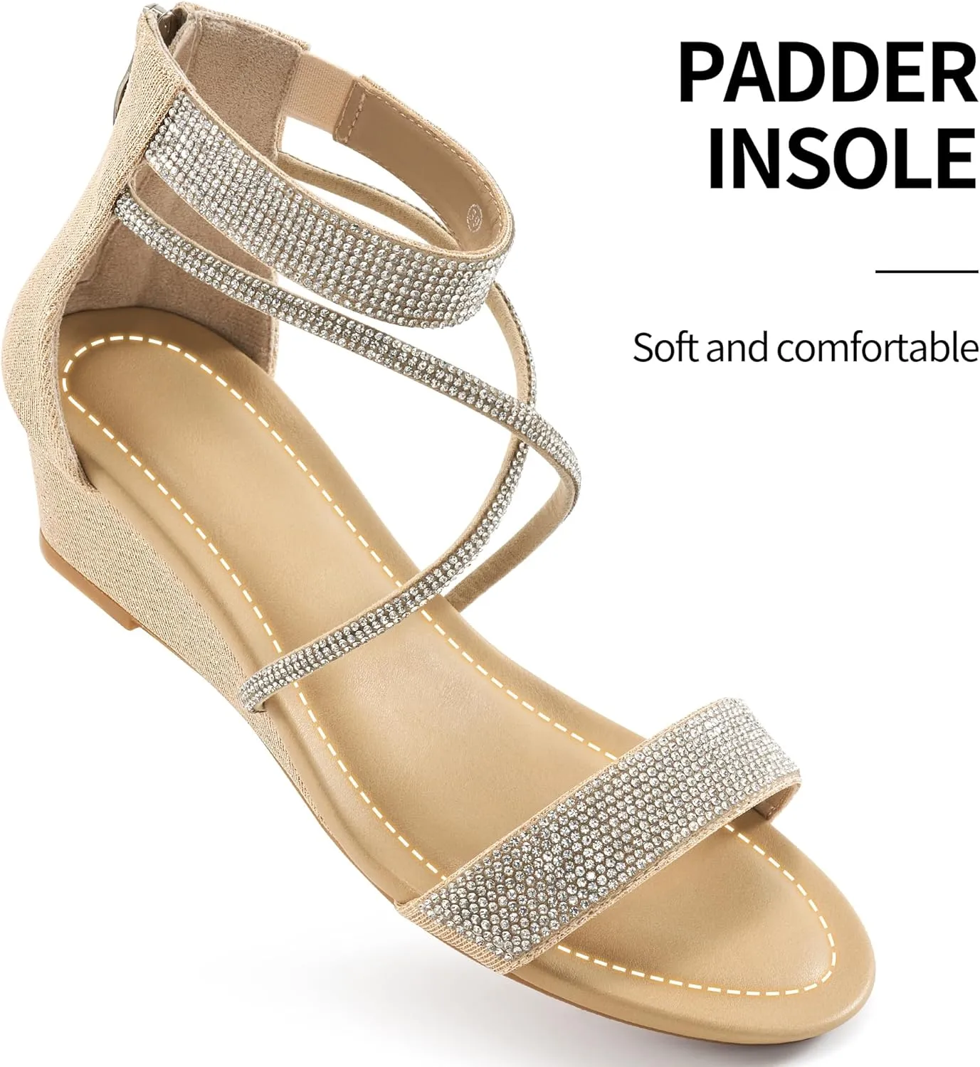 HARENCE Wedge Sandals for Women Dressy: Comfortble Ankle Strap Zipper Low Heels Shoes Fashion Sparkly Summer Sandals