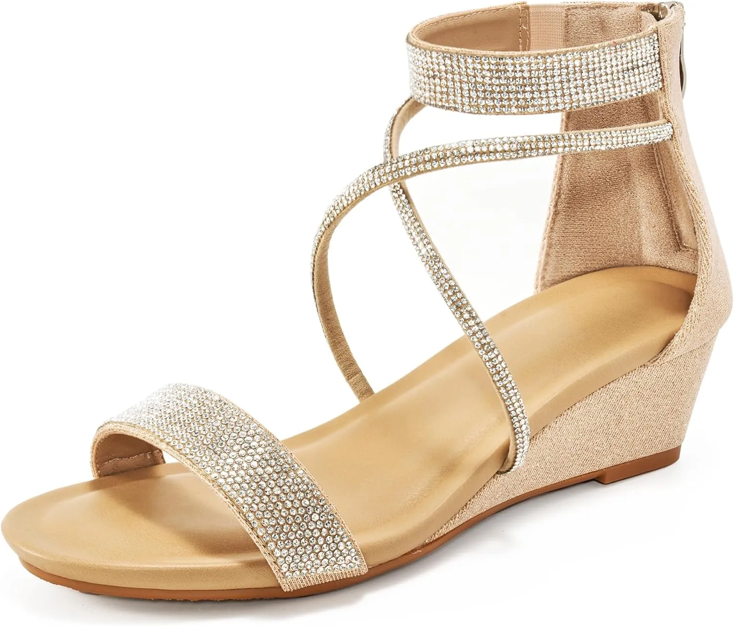 HARENCE Wedge Sandals for Women Dressy: Comfortble Ankle Strap Zipper Low Heels Shoes Fashion Sparkly Summer Sandals