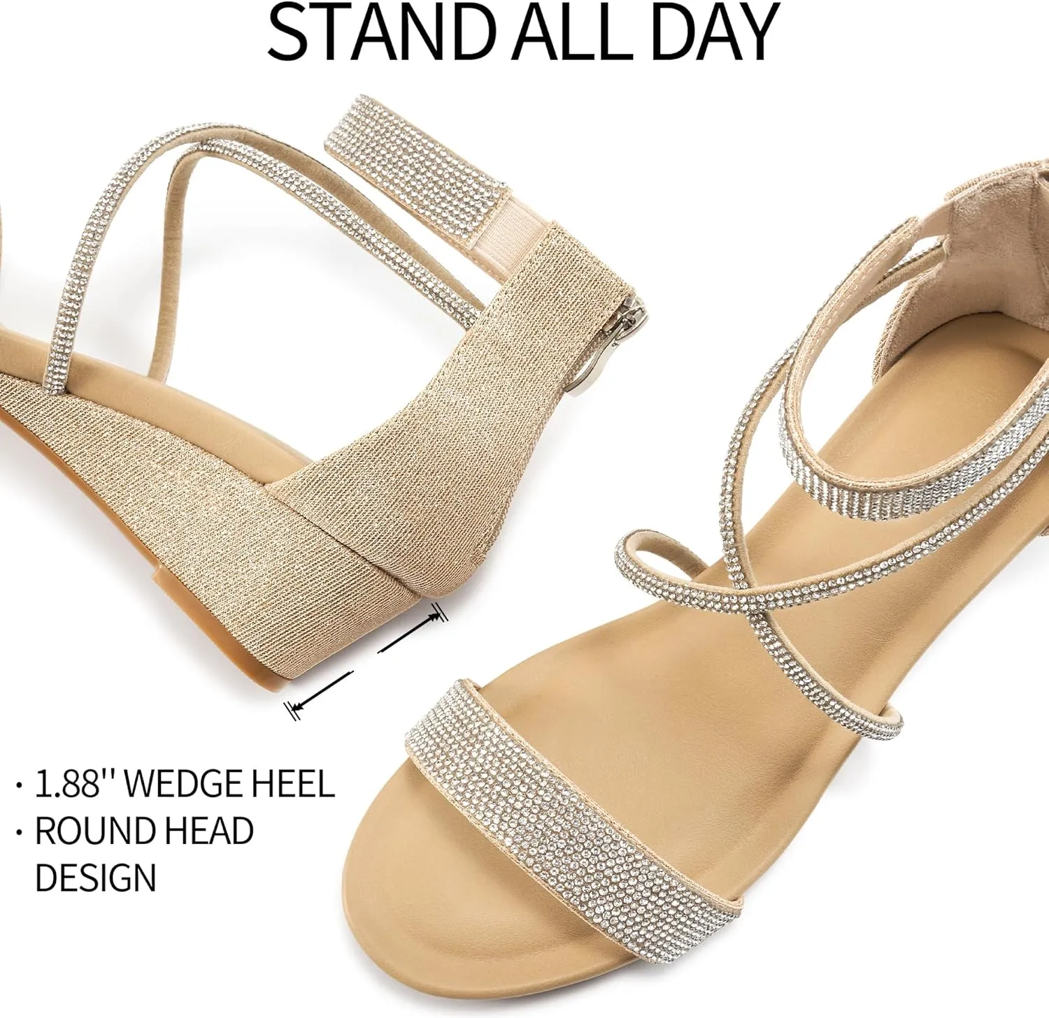 HARENCE Wedge Sandals for Women Dressy: Comfortble Ankle Strap Zipper Low Heels Shoes Fashion Sparkly Summer Sandals