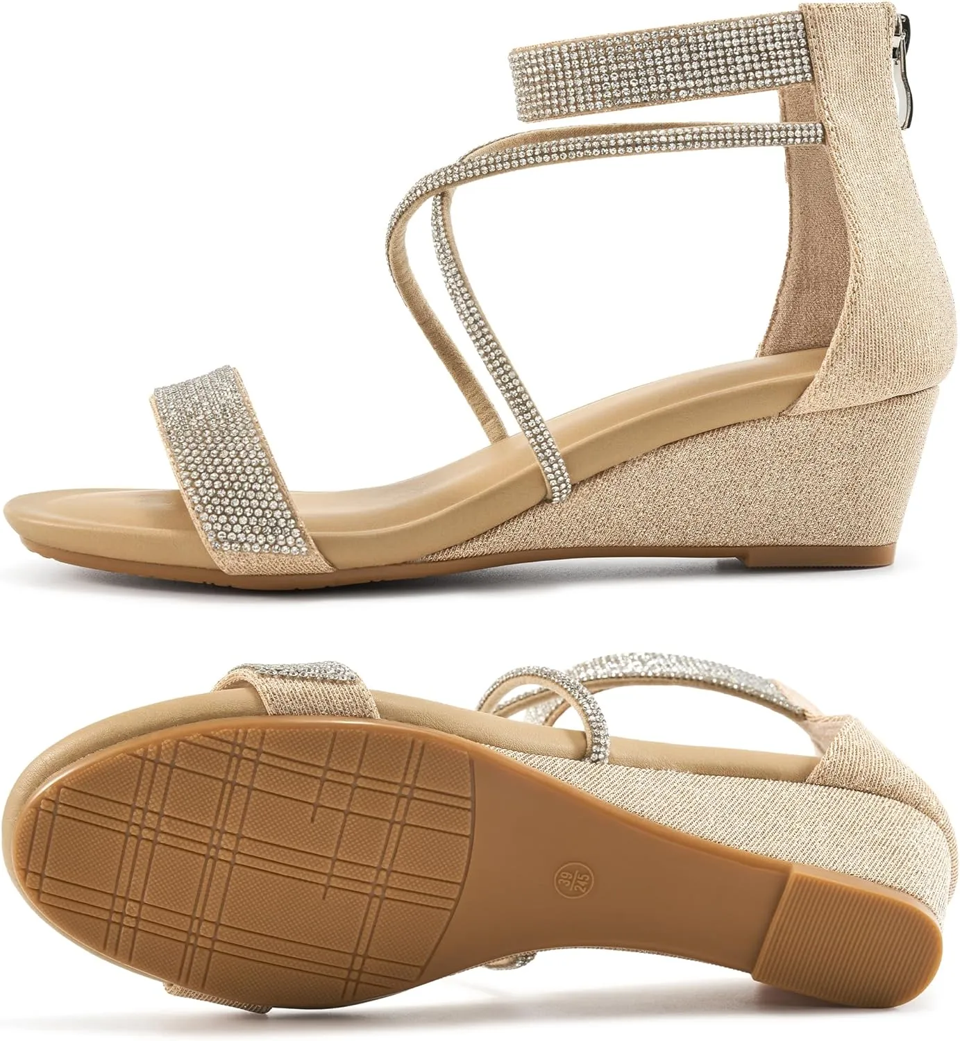 HARENCE Wedge Sandals for Women Dressy: Comfortble Ankle Strap Zipper Low Heels Shoes Fashion Sparkly Summer Sandals