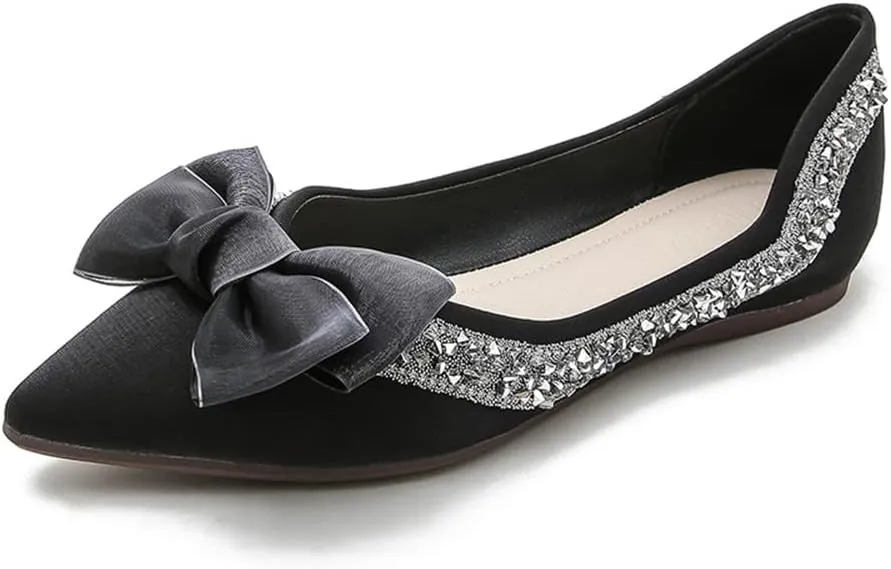 Hee grand Flats for Women Pointed Toe Bowknot Crystals Shoes Glittering Rhinestone Wedding Dress Shoes