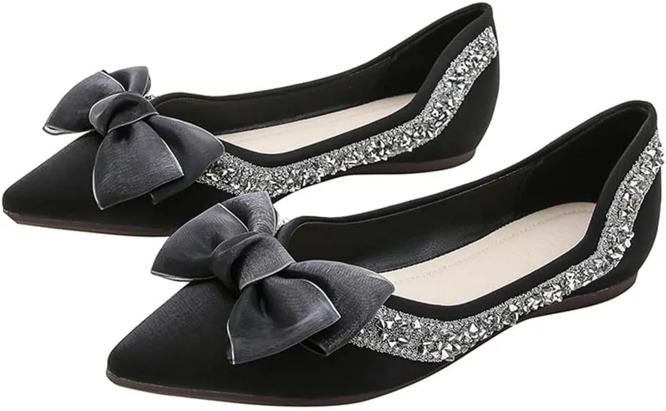 Hee grand Flats for Women Pointed Toe Bowknot Crystals Shoes Glittering Rhinestone Wedding Dress Shoes
