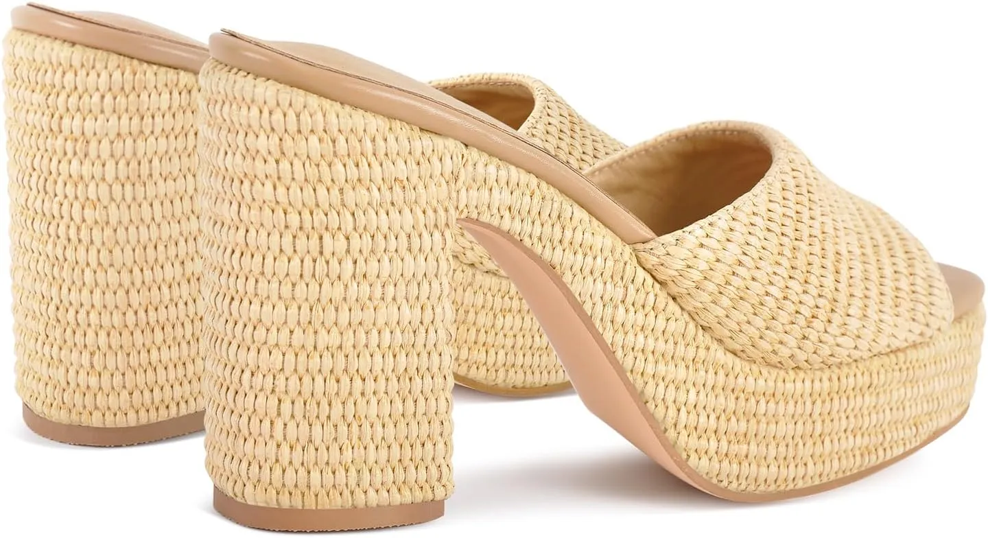 Heeled Platform Sandals for Women 2025 Chunky Espadrille Wedge Summer Beach Sandals Straw Slip On Shoes