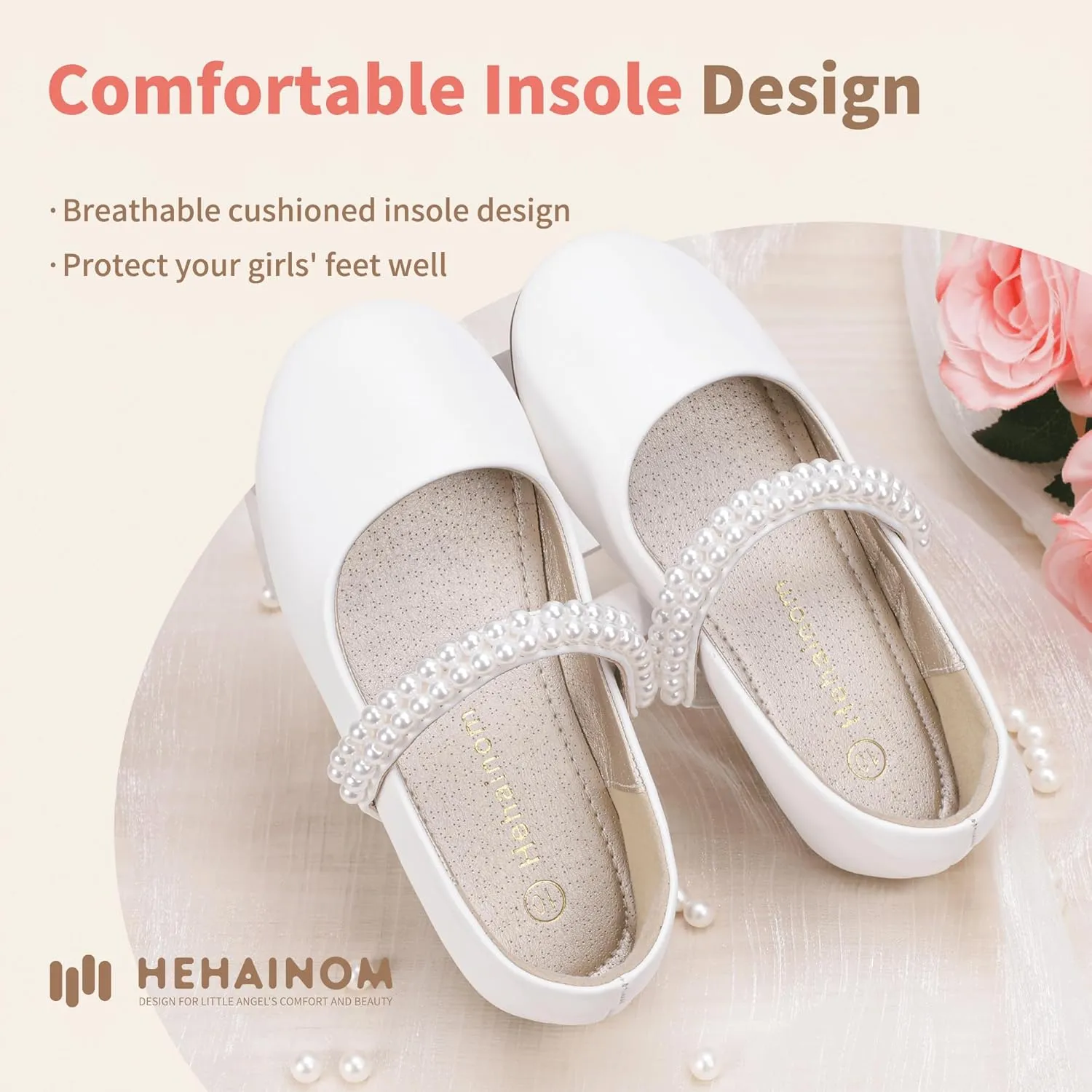 Hehainom Toddler Flower Girls Dress Shoes, Mary Jane Princess Ballet Flats with Bow and Peals for Party School