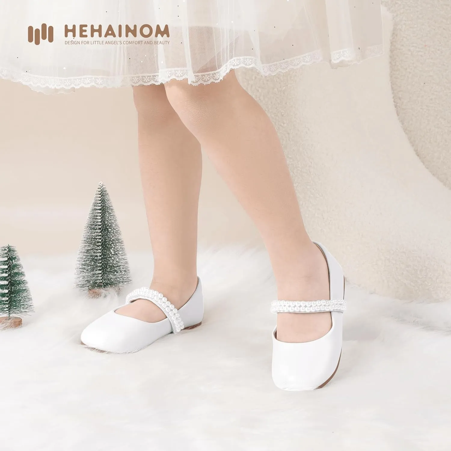 Hehainom Toddler Flower Girls Dress Shoes, Mary Jane Princess Ballet Flats with Bow and Peals for Party School