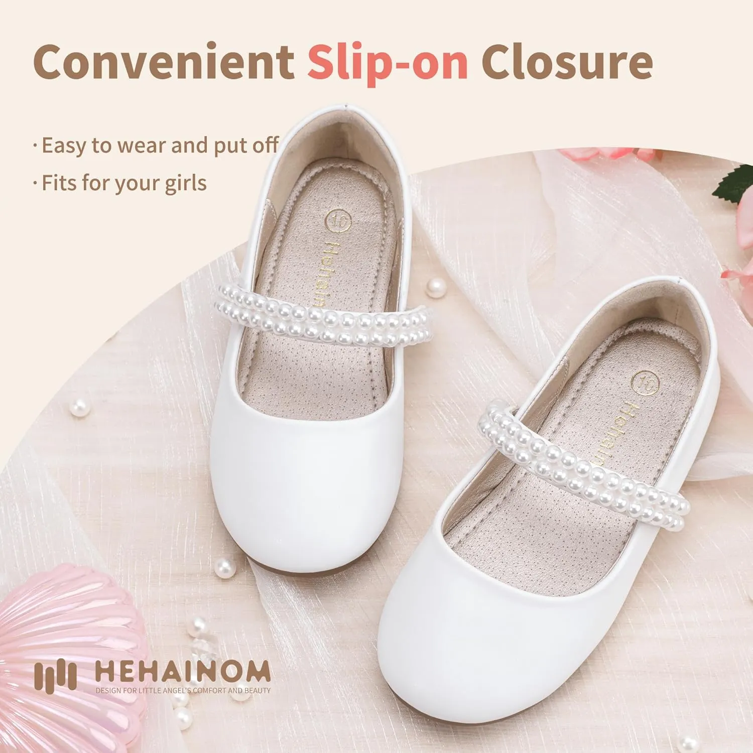 Hehainom Toddler Flower Girls Dress Shoes, Mary Jane Princess Ballet Flats with Bow and Peals for Party School