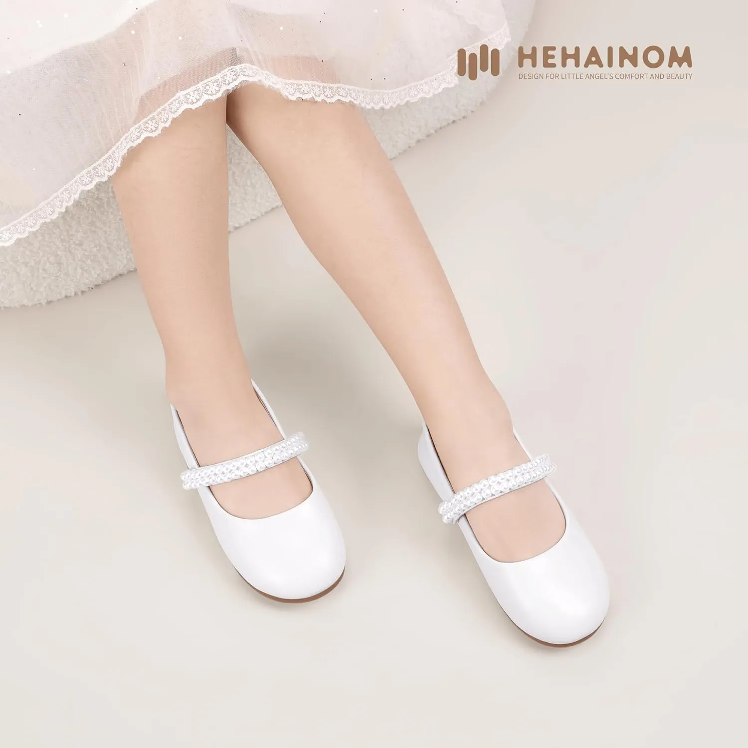 Hehainom Toddler Flower Girls Dress Shoes, Mary Jane Princess Ballet Flats with Bow and Peals for Party School