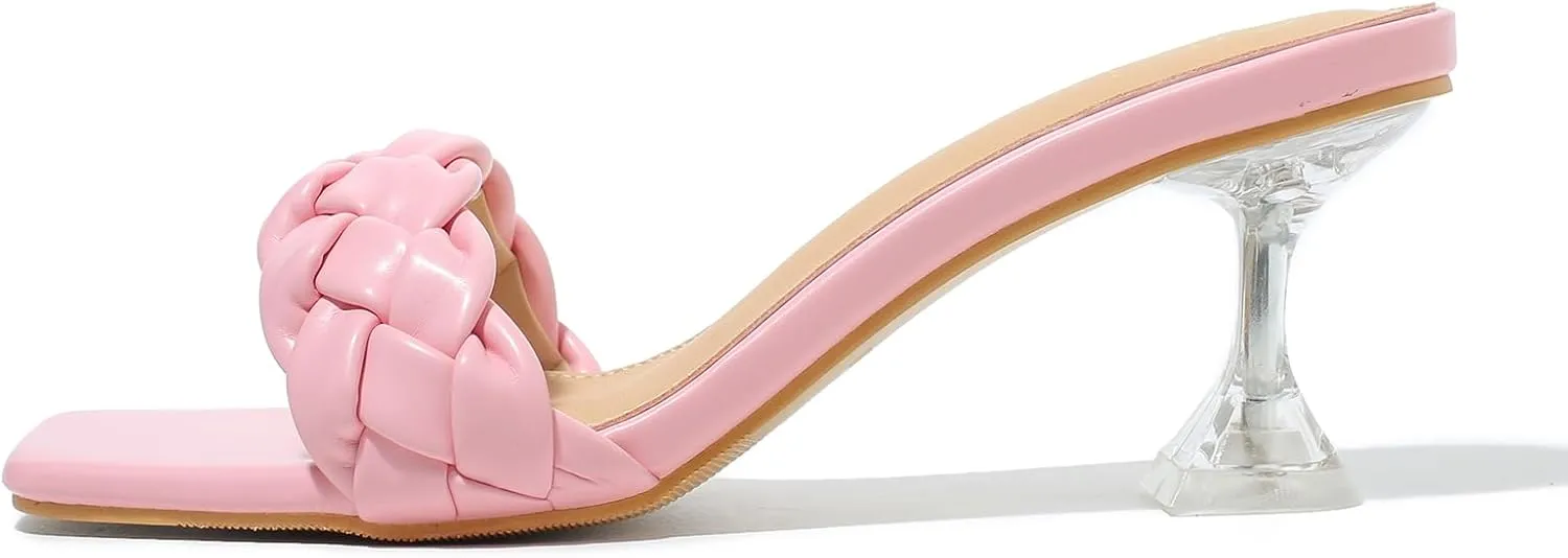 Heiyom Women's Square Toe Stilettos Heels Mules Sandals Sexy Braided Slip on Clear High Heels Party Prom Dress Shoes