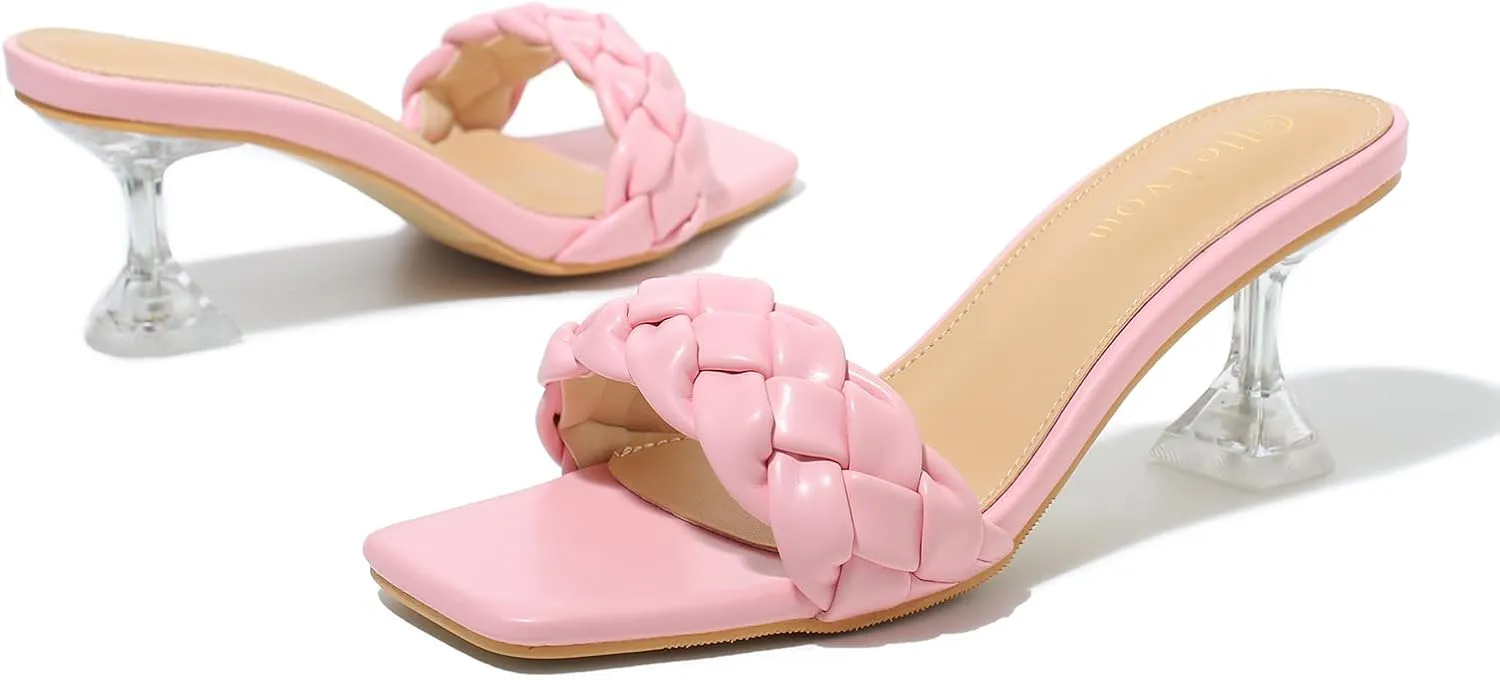 Heiyom Women's Square Toe Stilettos Heels Mules Sandals Sexy Braided Slip on Clear High Heels Party Prom Dress Shoes