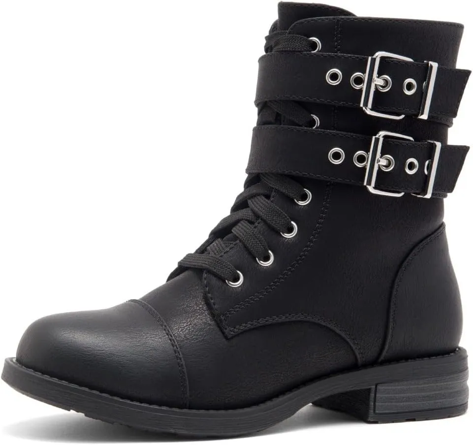 Herstyle Florence2 Women's Combat Booties Mid-Calf Boots Ankle Lace up Military Shoes, 1721Black,Size 7.0