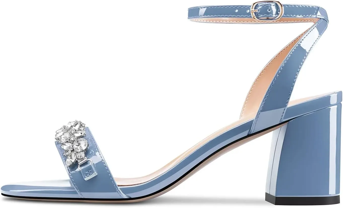 HEUIVZAR Women Chunky Block Mid Heel Peep Open Toe Sandals Ankle Strap Rhinestone Crystal Prom Dress 2.6 Inches Heels