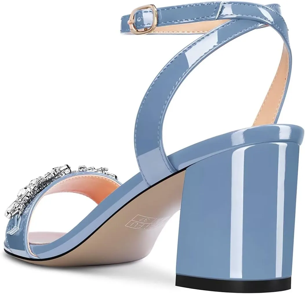 HEUIVZAR Women Chunky Block Mid Heel Peep Open Toe Sandals Ankle Strap Rhinestone Crystal Prom Dress 2.6 Inches Heels