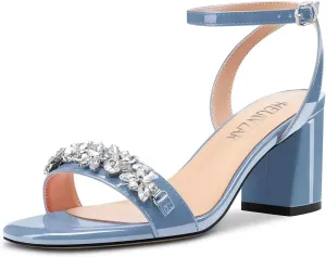 HEUIVZAR Women Chunky Block Mid Heel Peep Open Toe Sandals Ankle Strap Rhinestone Crystal Prom Dress 2.6 Inches Heels