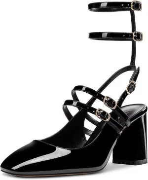 HEUIVZAR Women Chunky Block Mid Heel Square Toe Sandals Ankle Strap Slingback Prom Dress 2.6 Inches Heels