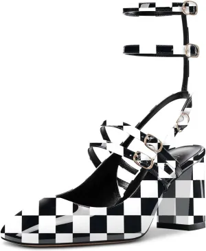 HEUIVZAR Women Chunky Block Mid Heel Square Toe Sandals Ankle Strap Slingback Prom Dress 2.6 Inches Heels