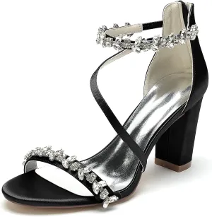 High Heels for Women Sexy Open Toe Rhinestones Chunky Heel Pumps Sandal Wedding Dress Shoes for Bride Bridal Block Heels Heeled Sandals Wide