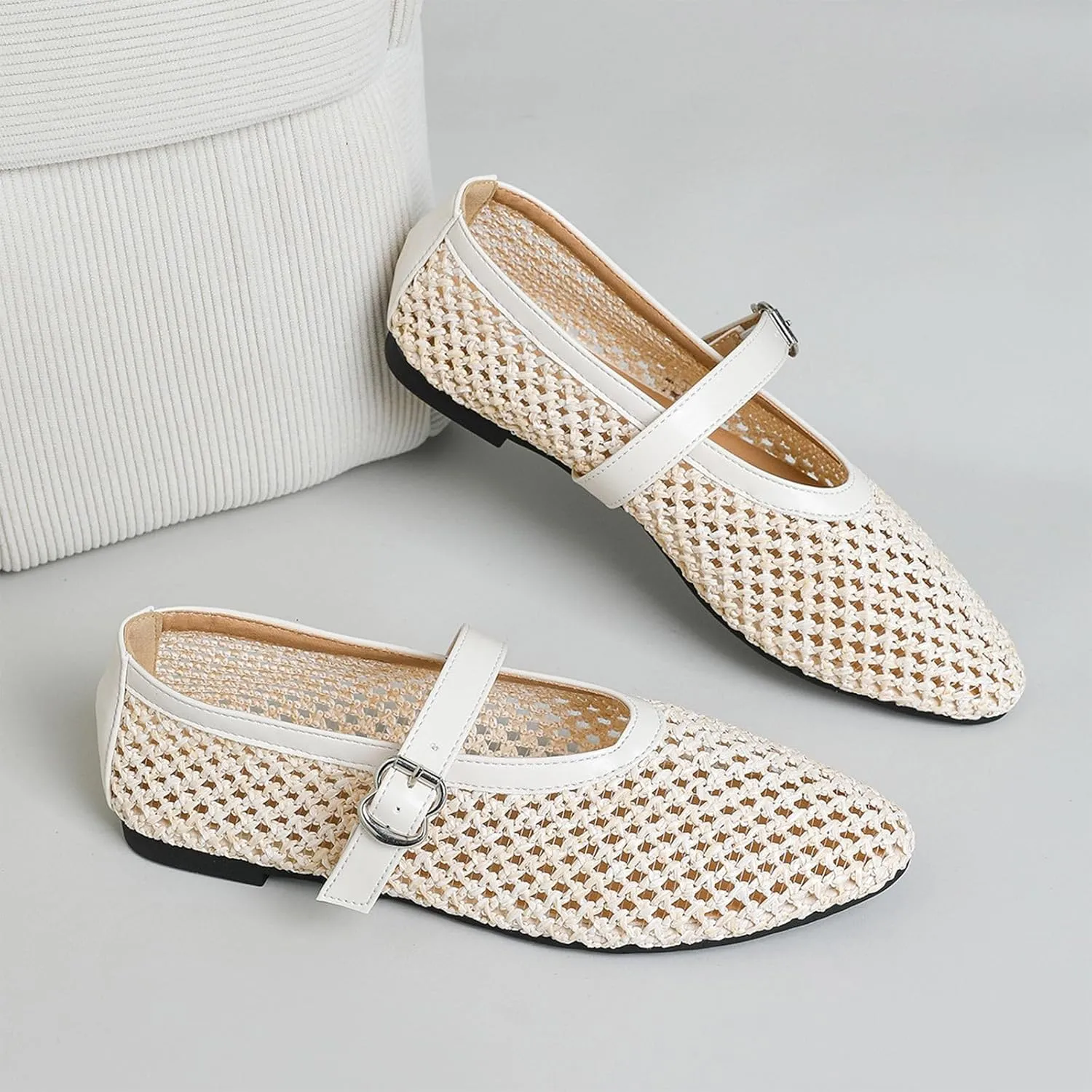 HIPPOSEUS Womens Mary Jane Flats Shoes Fishnet Mesh Flat Sandals Comfy Casual Office Shoes