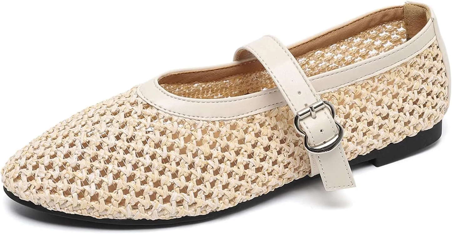 HIPPOSEUS Womens Mary Jane Flats Shoes Fishnet Mesh Flat Sandals Comfy Casual Office Shoes