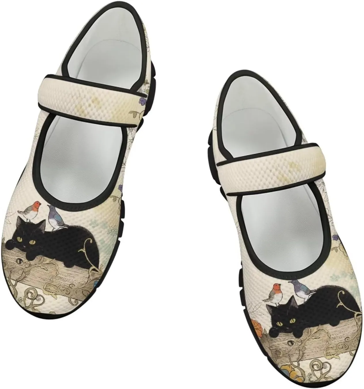 Howilath Cat Print Mary Jane Shoes Women Round Toe Dress Dance Shoes Mesh Casual Flats Shoes with Magic Sticker