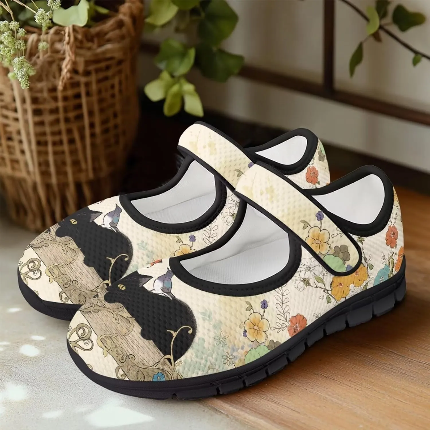 Howilath Cat Print Mary Jane Shoes Women Round Toe Dress Dance Shoes Mesh Casual Flats Shoes with Magic Sticker