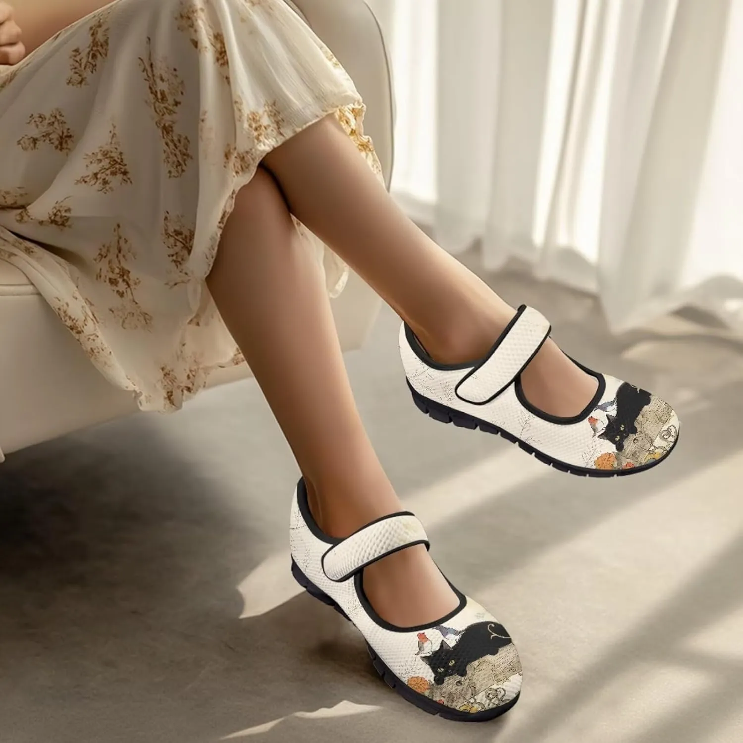 Howilath Cat Print Mary Jane Shoes Women Round Toe Dress Dance Shoes Mesh Casual Flats Shoes with Magic Sticker