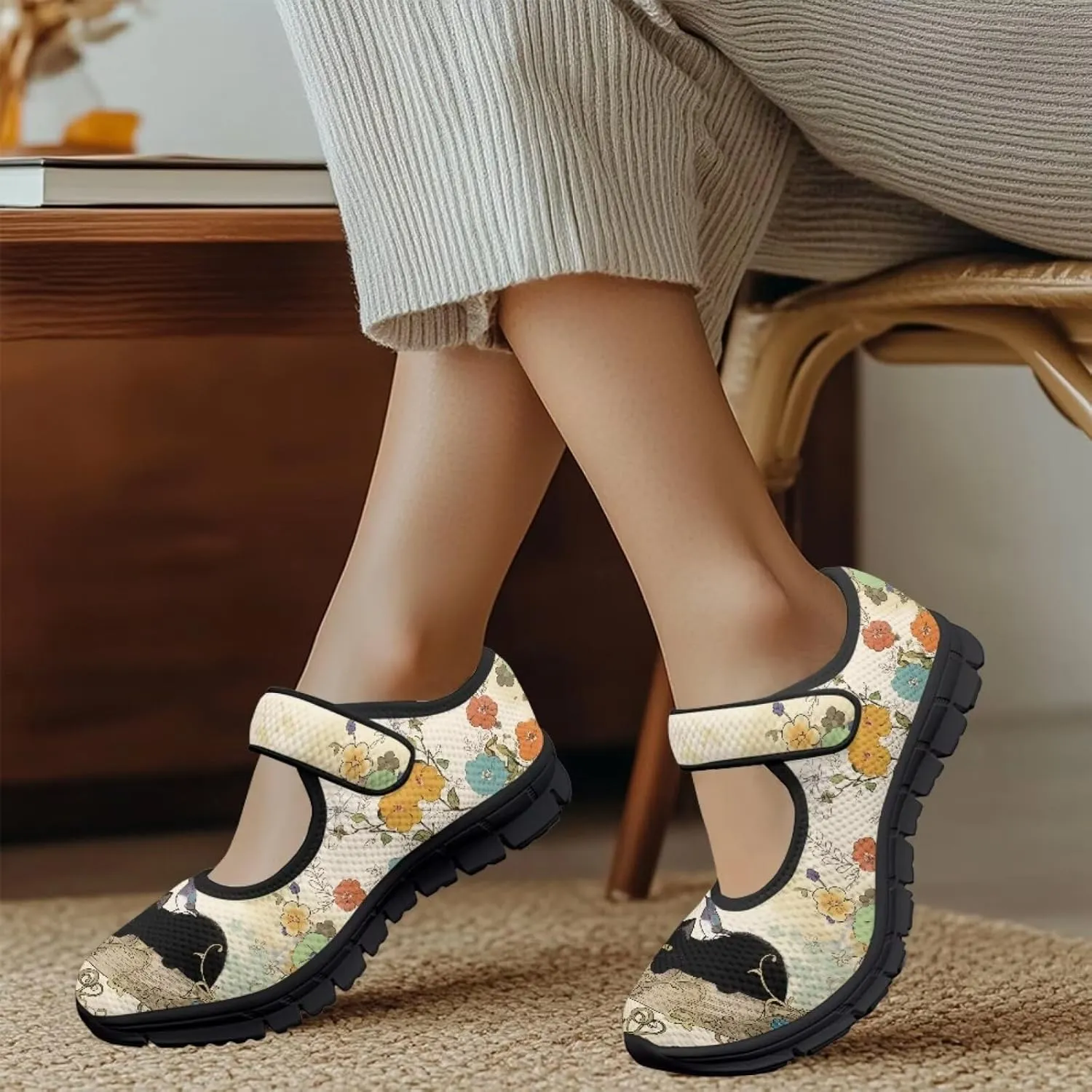 Howilath Cat Print Mary Jane Shoes Women Round Toe Dress Dance Shoes Mesh Casual Flats Shoes with Magic Sticker
