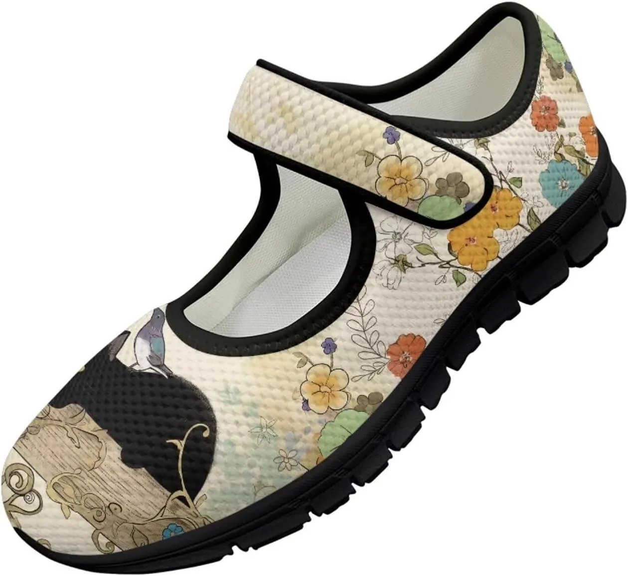 Howilath Cat Print Mary Jane Shoes Women Round Toe Dress Dance Shoes Mesh Casual Flats Shoes with Magic Sticker