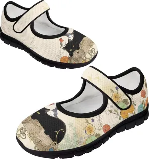 Howilath Cat Print Mary Jane Shoes Women Round Toe Dress Dance Shoes Mesh Casual Flats Shoes with Magic Sticker