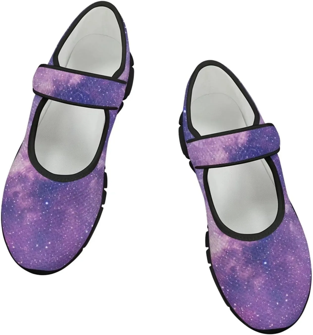 Howilath Universe Galaxy Print Women's Ballet Flats Round Toe Mary Janes Dress Shoes Single Buckle Flats Shoes