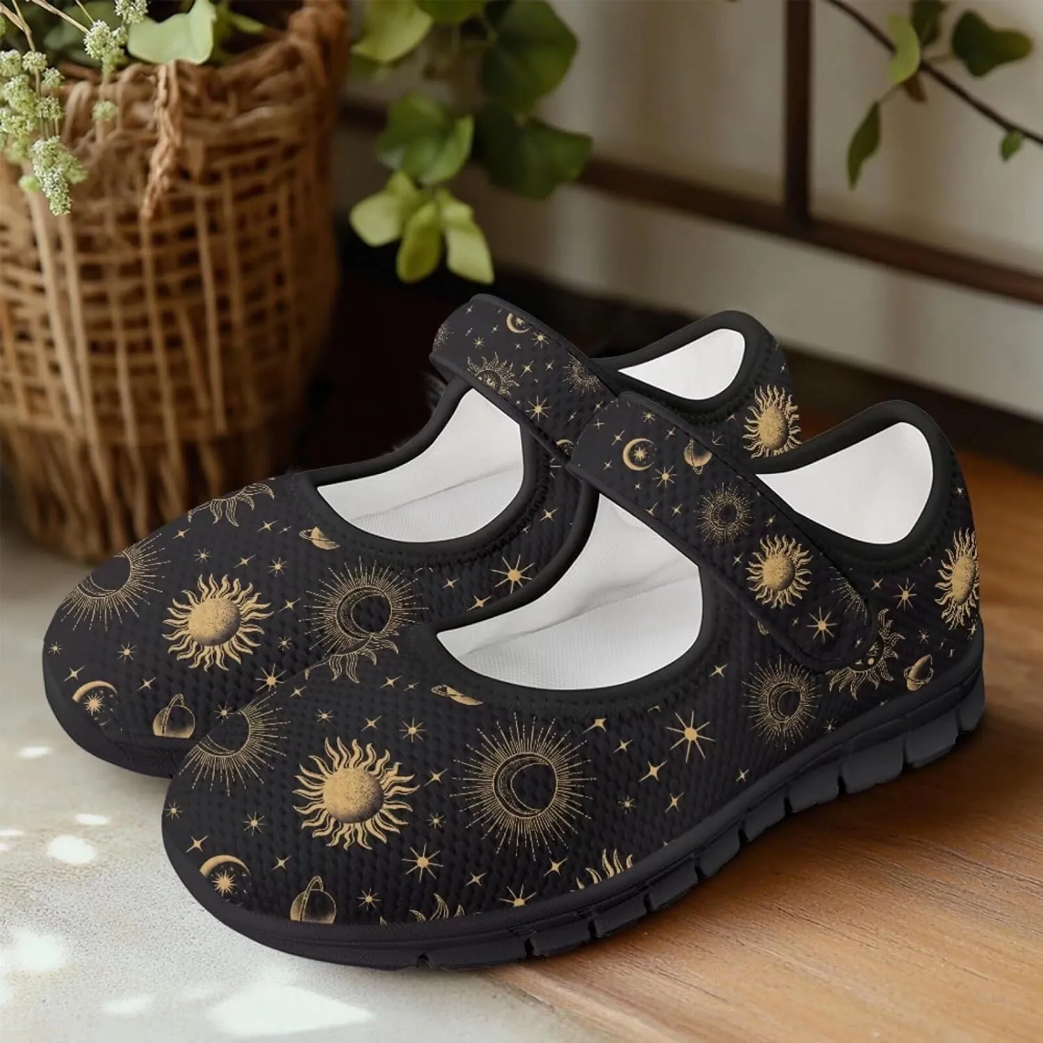 Howilath Universe Galaxy Print Women's Ballet Flats Round Toe Mary Janes Dress Shoes Single Buckle Flats Shoes