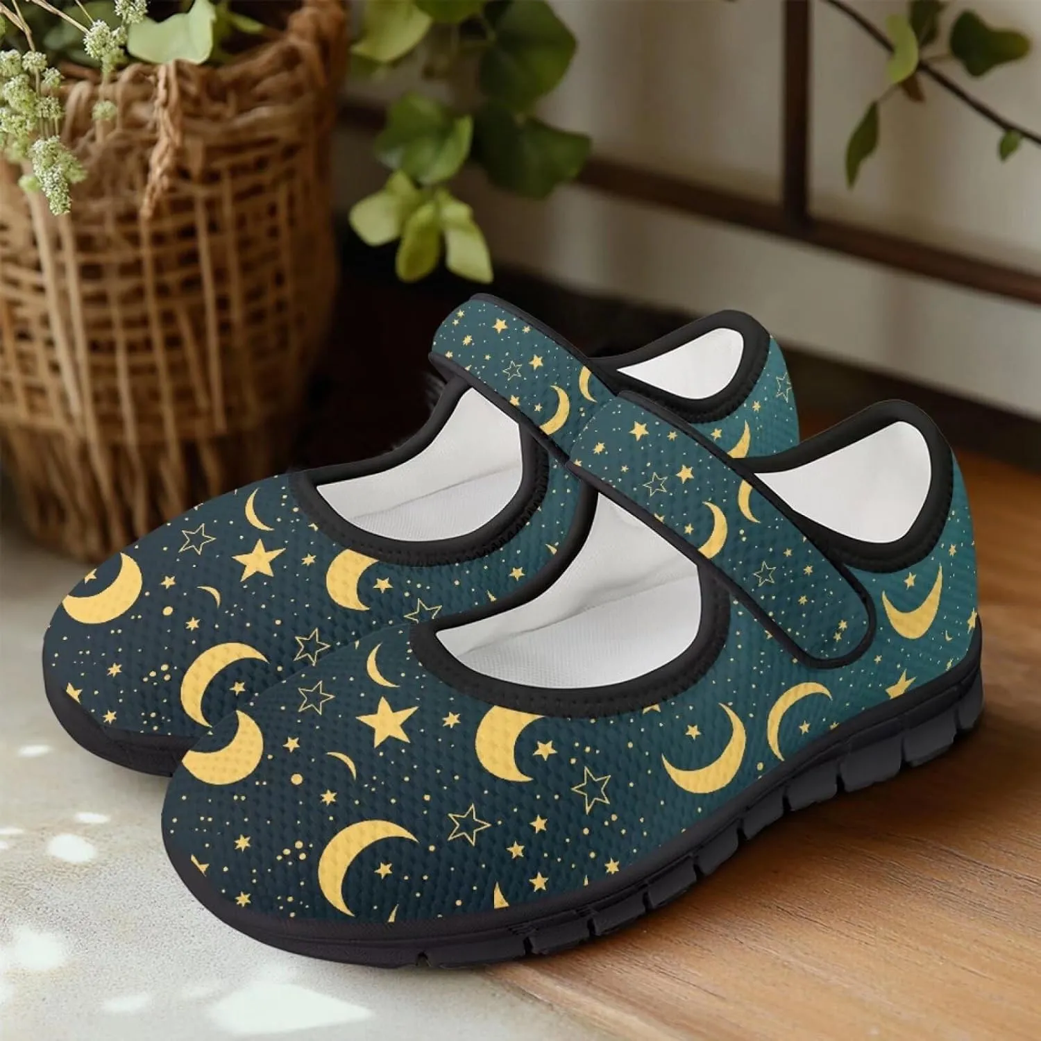 Howilath Universe Galaxy Print Women's Ballet Flats Round Toe Mary Janes Dress Shoes Single Buckle Flats Shoes