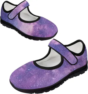 Howilath Universe Galaxy Print Women's Ballet Flats Round Toe Mary Janes Dress Shoes Single Buckle Flats Shoes