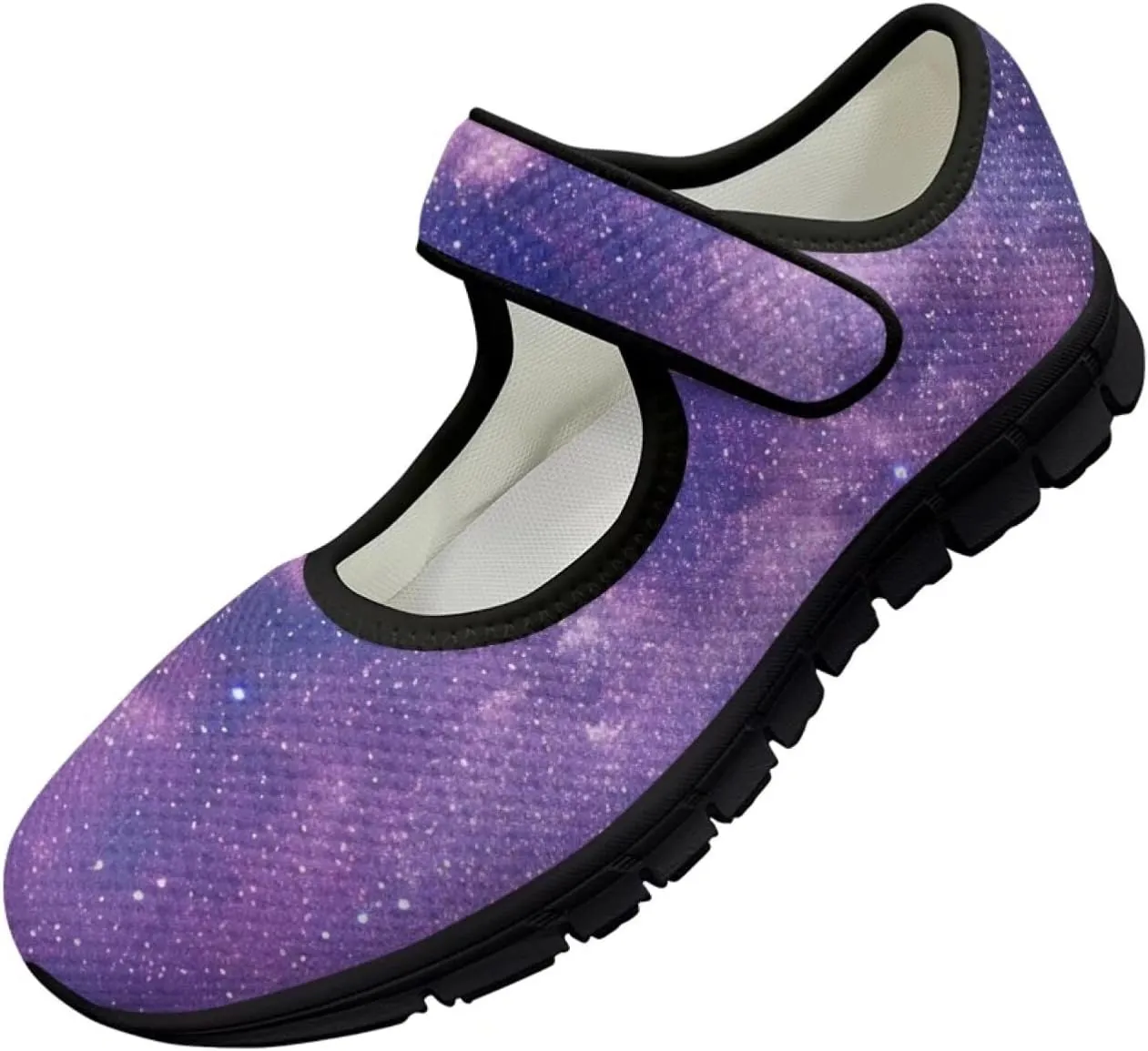 Howilath Universe Galaxy Print Women's Ballet Flats Round Toe Mary Janes Dress Shoes Single Buckle Flats Shoes