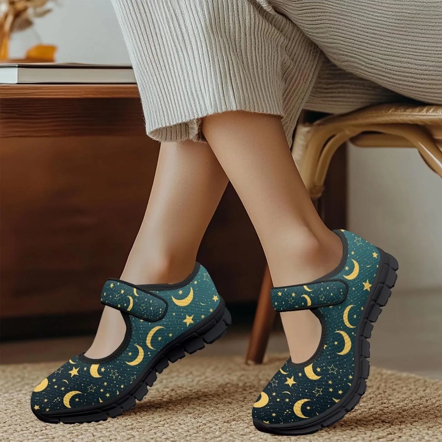 Howilath Universe Galaxy Print Women's Ballet Flats Round Toe Mary Janes Dress Shoes Single Buckle Flats Shoes