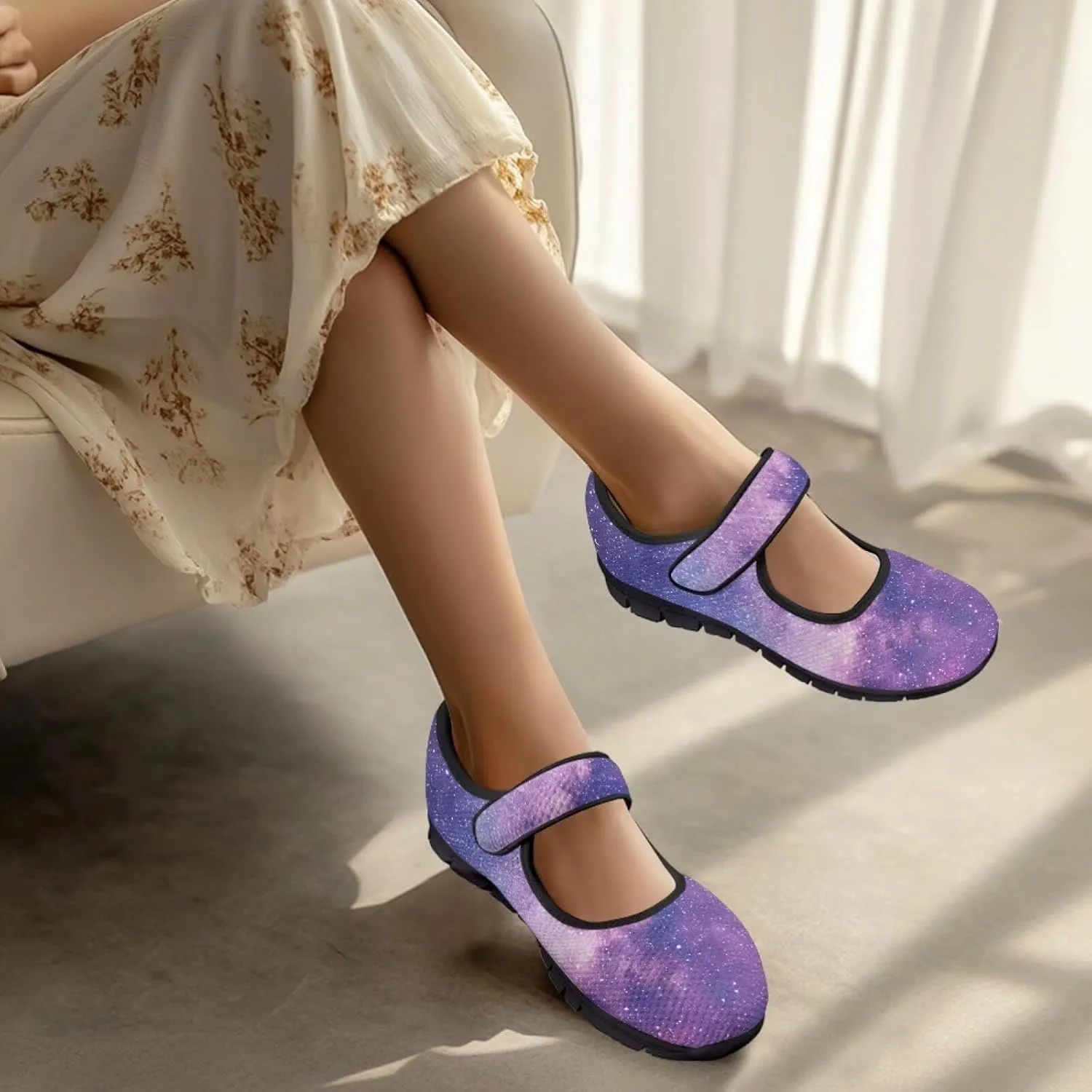 Howilath Universe Galaxy Print Women's Ballet Flats Round Toe Mary Janes Dress Shoes Single Buckle Flats Shoes
