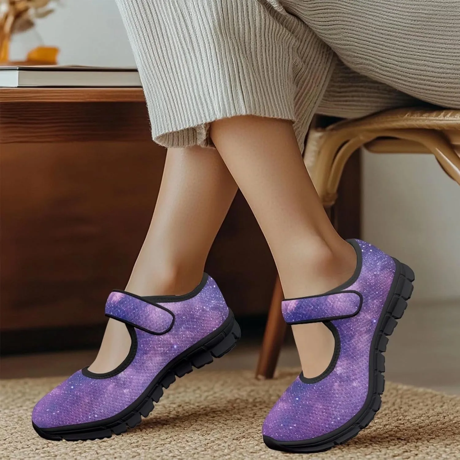 Howilath Universe Galaxy Print Women's Ballet Flats Round Toe Mary Janes Dress Shoes Single Buckle Flats Shoes